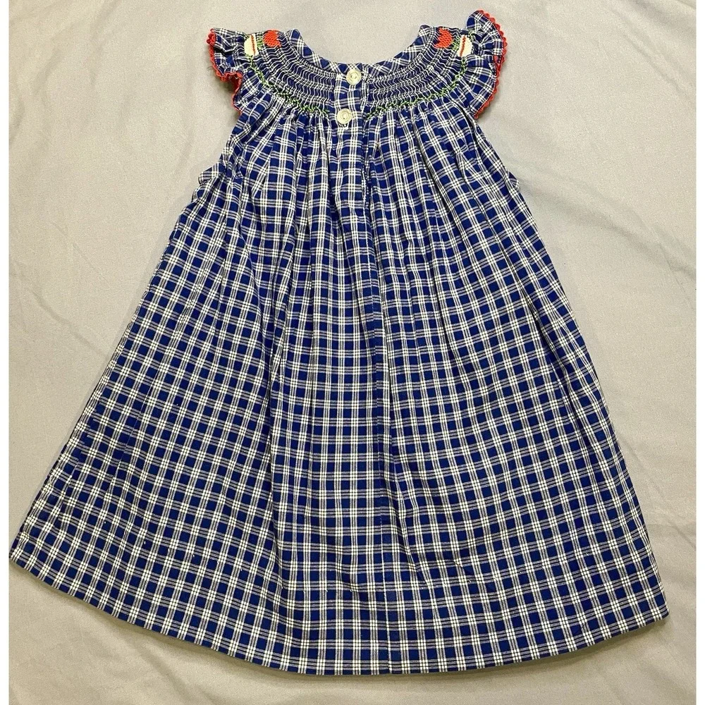Silly Goose Baby Girls Hand Smocked Dress Bishop 9 Months 9M Blue Red Gingham